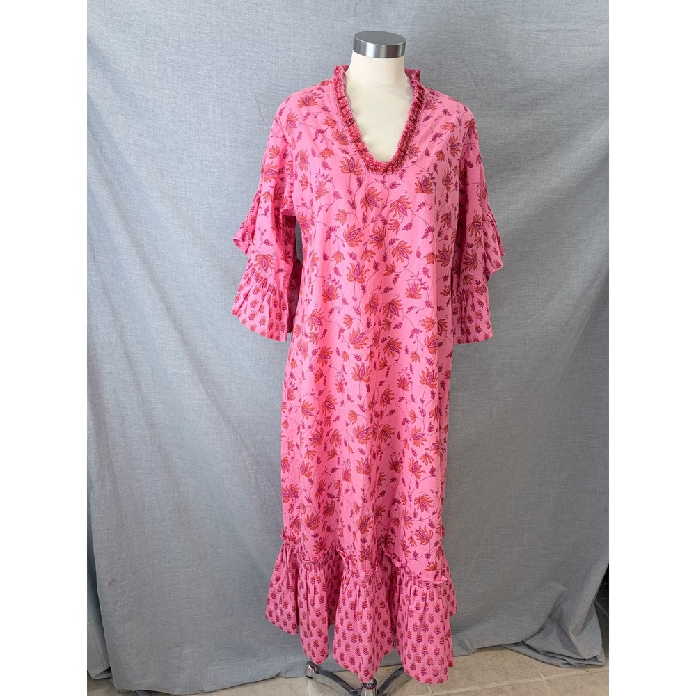 Fitzroy & Willa Pink Floral Block Print Cotton Ruffle Midi Dress L 100% Cotton